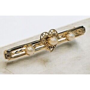 Vintage Victorian Faux Pearl Scrolled Heart Floral Bar Brooch Gold Tone